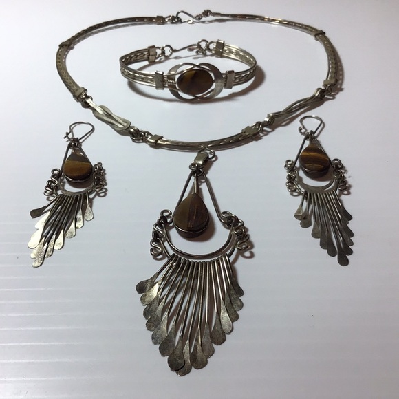 Artisan jewelry set Tiger Eye silver wire bracelet necklace & earrings So boho - Picture 9 of 9